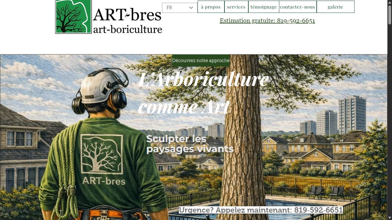 The live ARTbres website, featuring its arboriculture design